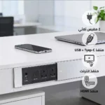 ⁦توصيلة أفياش مكتبية دفن مخفية بغطاء فضي سحاب و منافذ Tyep-C-USB + كمبيوتر + HDMI توفل (Toefl)⁩ - الصورة ⁦2⁩